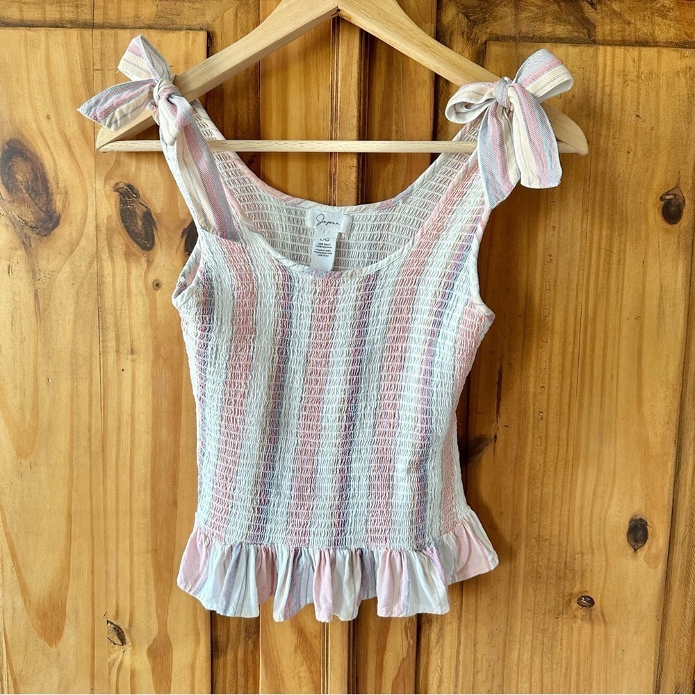 Japna Sleeveless Tank Top Striped Smocked Bows Ruffled Boho Feminine Coquette L